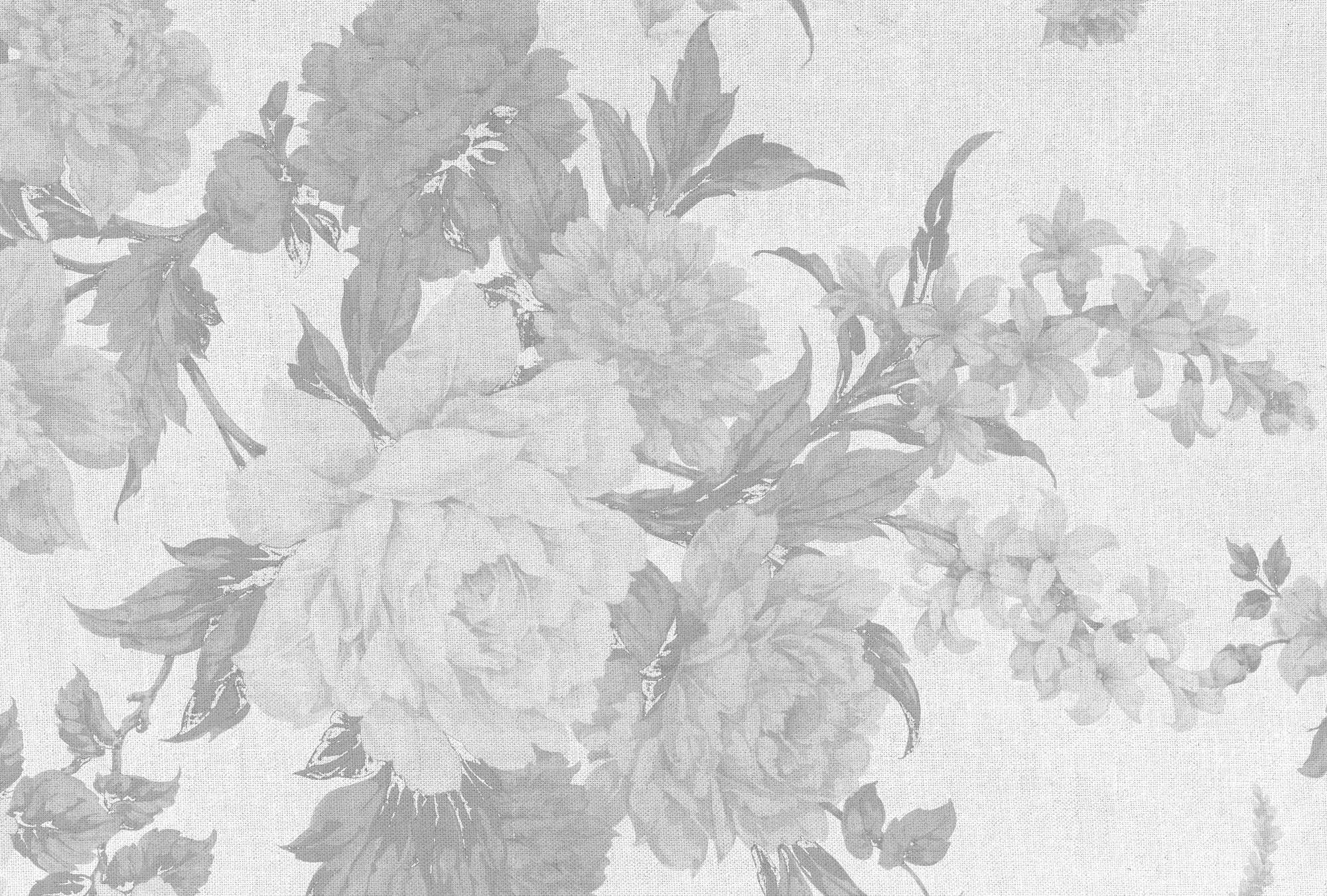             Fototapete mit Rosen Motiv in Textiloptik – Grau, Weiß
        