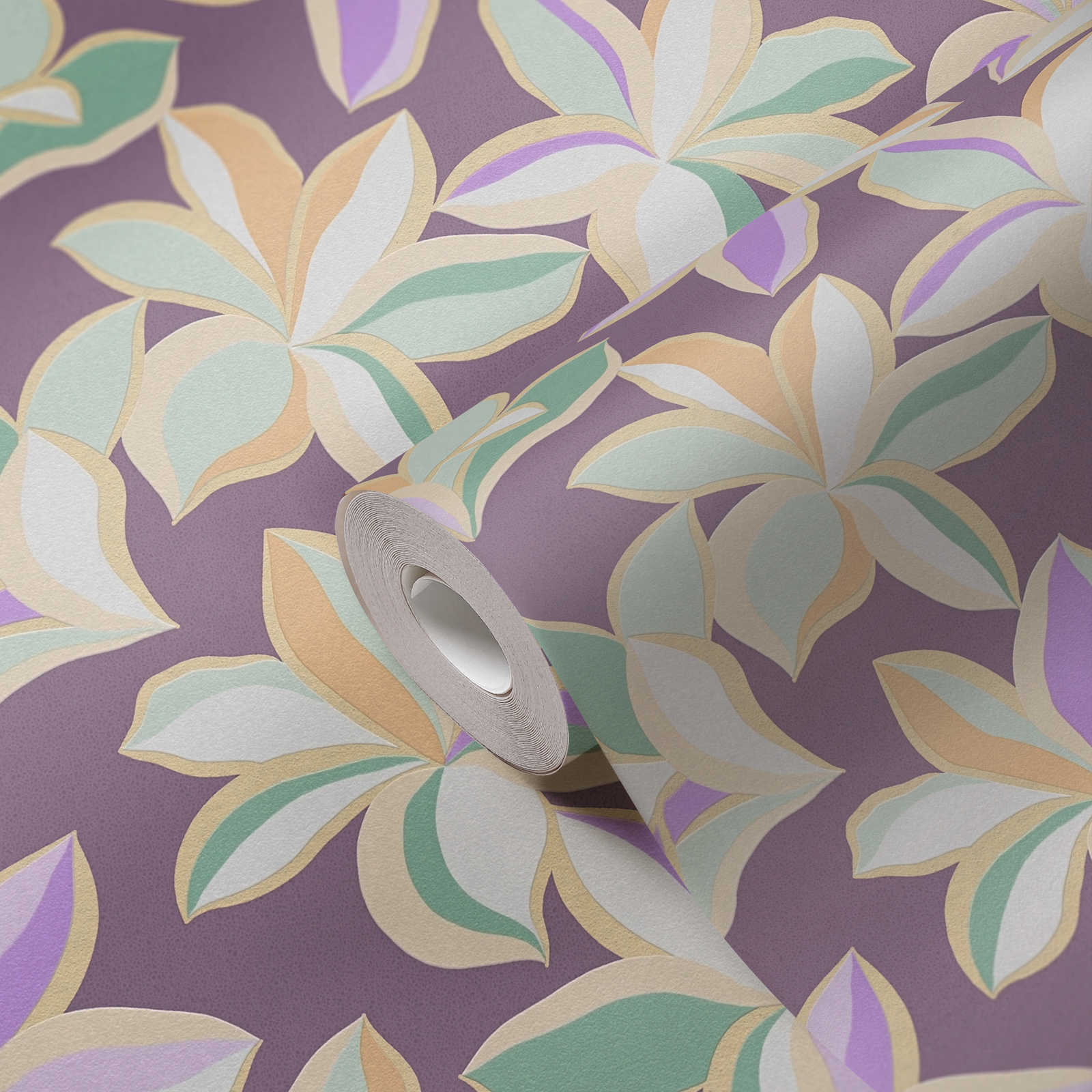             Blumentapete mit glänzendem Muster – Lila, Gold, Grün
        