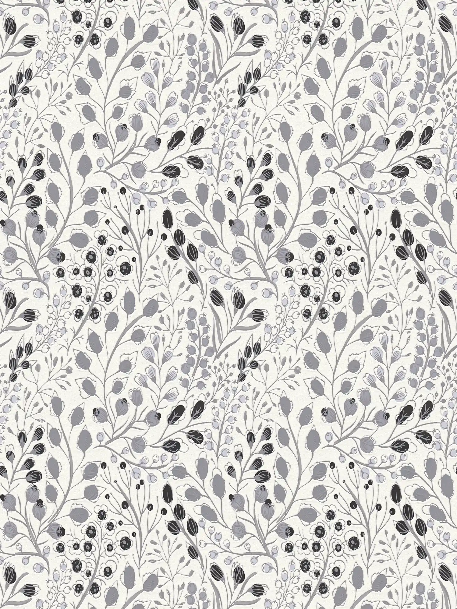 Abstrakte Floral Tapete im Zeichenstil matt – Grau, Weiß, Schwarz
