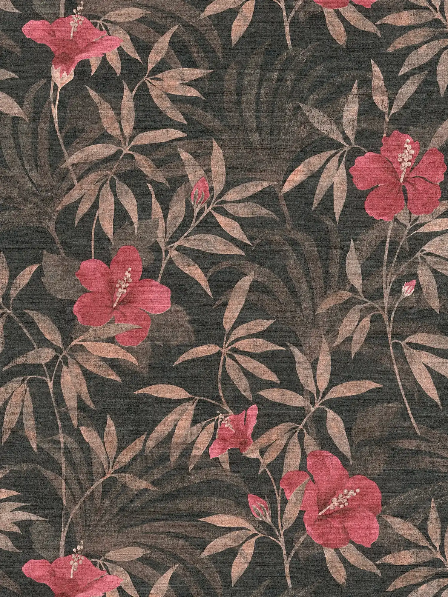 Tapete Dschungel Blätter & Hibiskus Blüten – Braun, Rot
