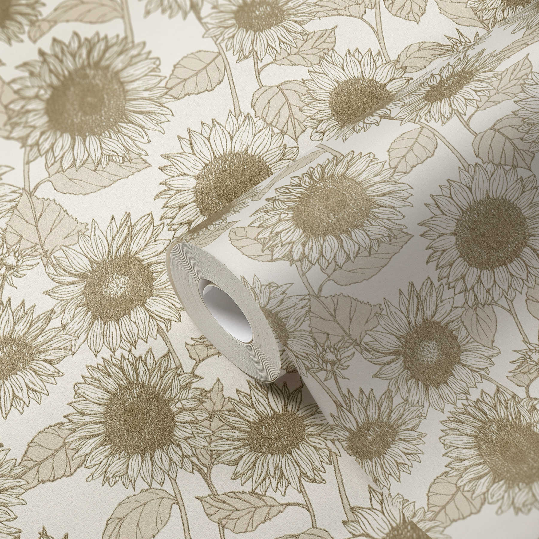             Tapete Sonnenblumen mit Metallic-Effekt – Beige, Weiß
        