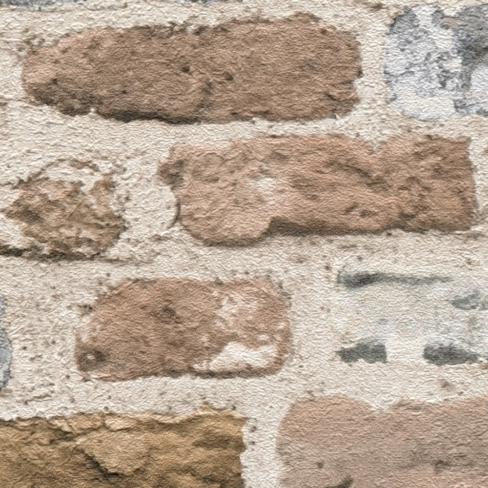             Braune Steintapete mit Ziegelmaueroptik – Braun, Grau
        