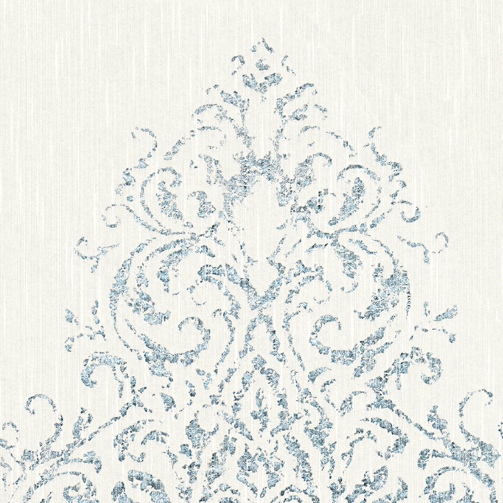             Ornament-Tapete mit Metallic-Effekt im Used-Look – Weiß, Silber, Blau
        