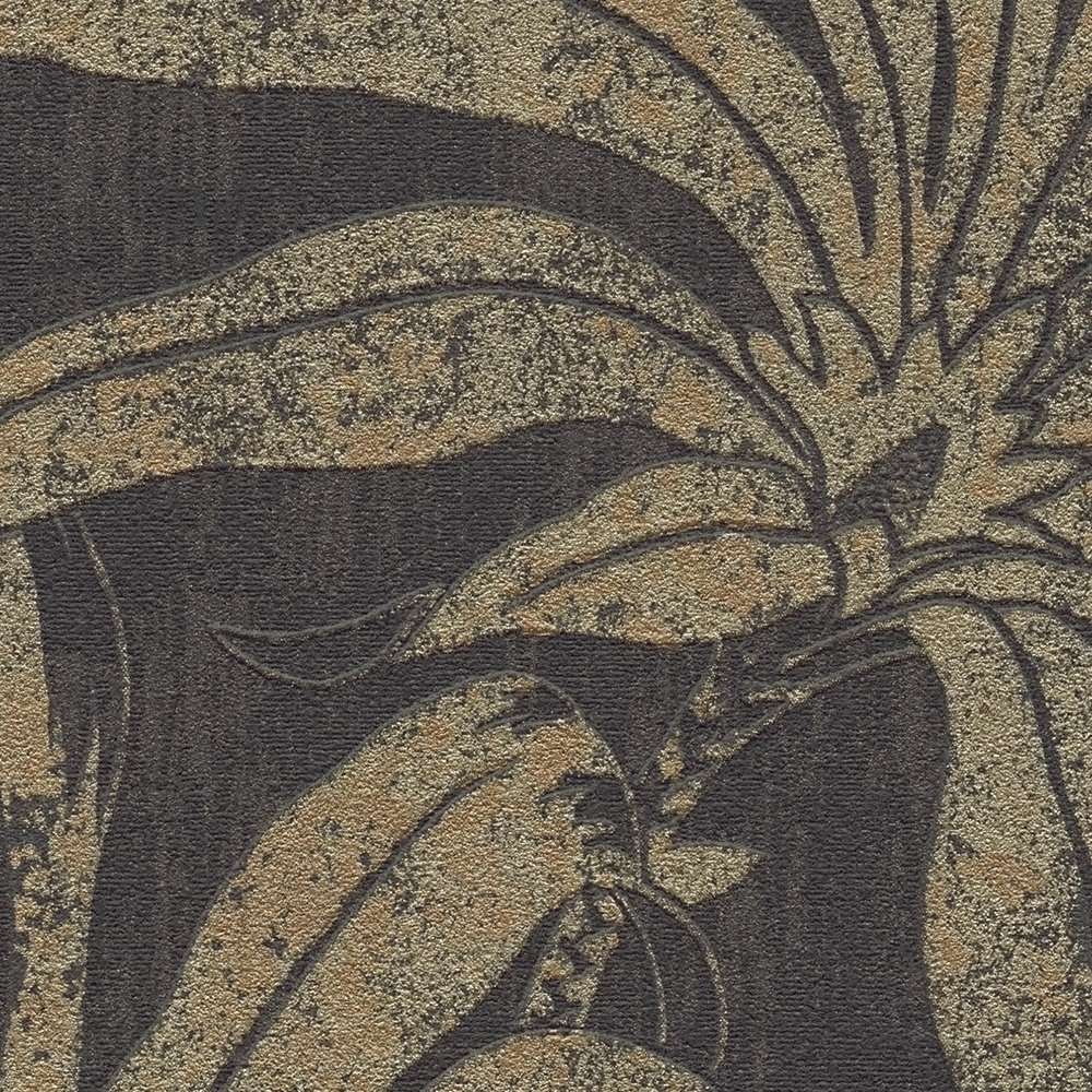             Edle Mustertapete mit Dschungelblütendesign – Schwarz, Gold, Bronze
        