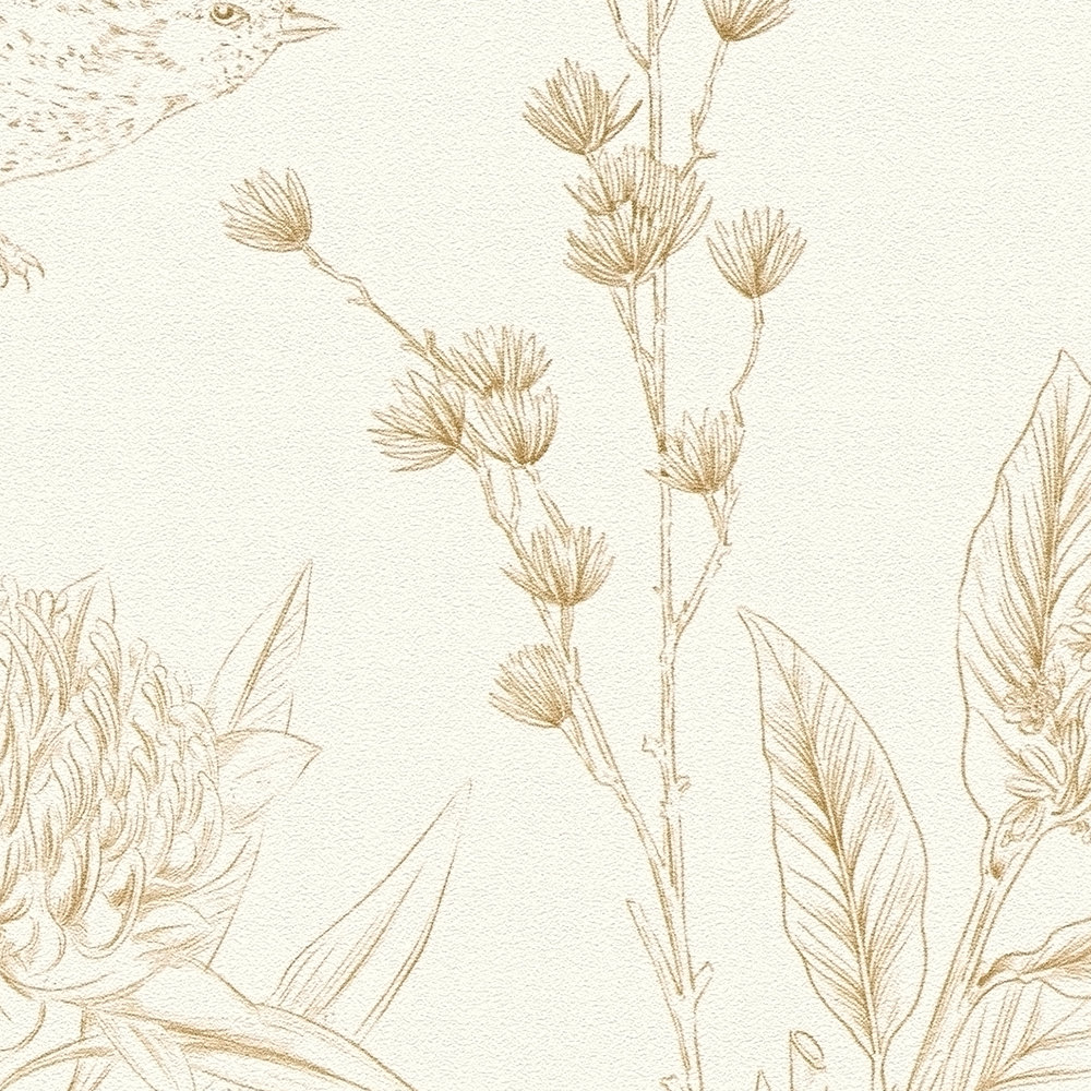             Florale Tapete mit Blättern & Tieren strukturiert matt – Weiß, Braun, Beige
        