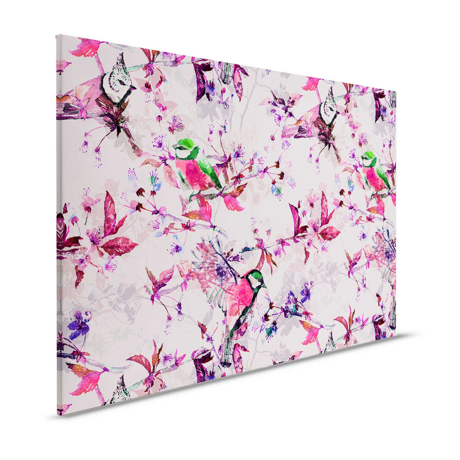 Vögel Leinwandbild im Collage Stil | rosa, blau – 1,20 m x 0,80 m
