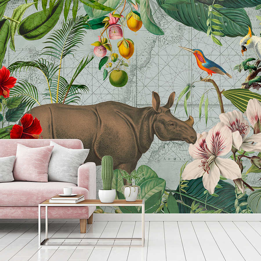 Fototapete Nashorn mit Dschungel Collage im Retro Stil
