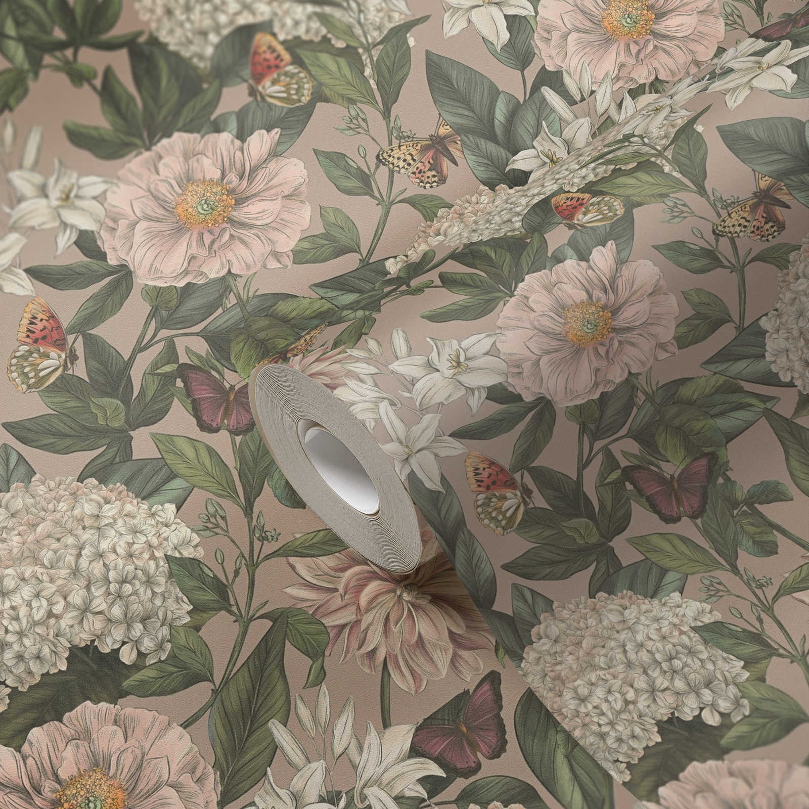             Florale Tapete modern mit Tieren & Blumen strukturiert matt – Rosa, Grün, Weiß
        