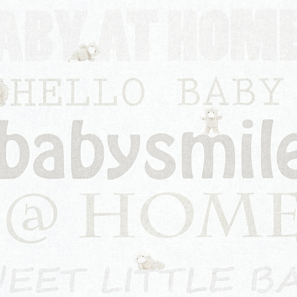            Babyzimmer Tapete neutral mit Schrift-Motiv – Metallic, Weiß
        