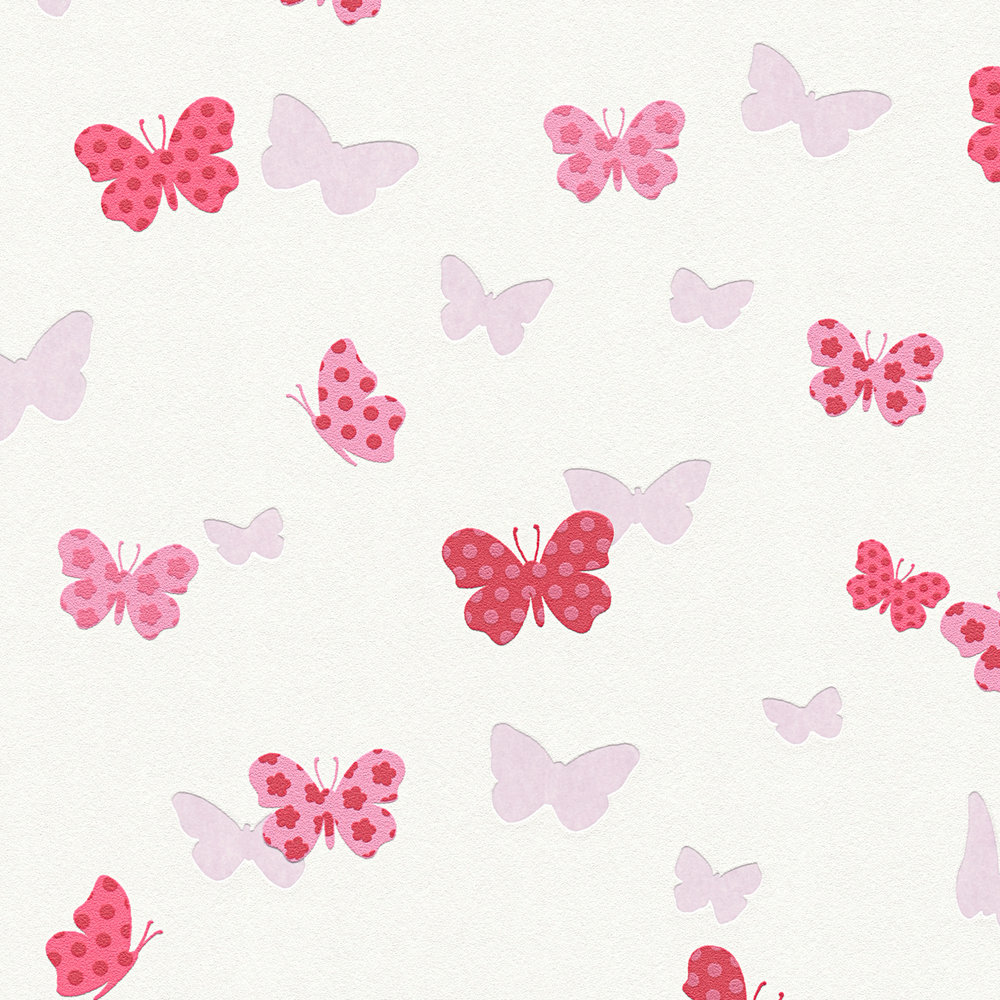            Schmetterling Tapete gemustert für Kinderzimmer – Weiß, Rot, Rosa
        