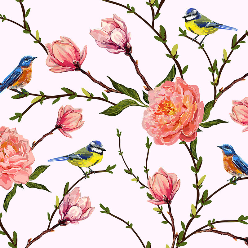 Fototapete Vögel & Blumen minimalistisch – Grau, Rosa, Grün
