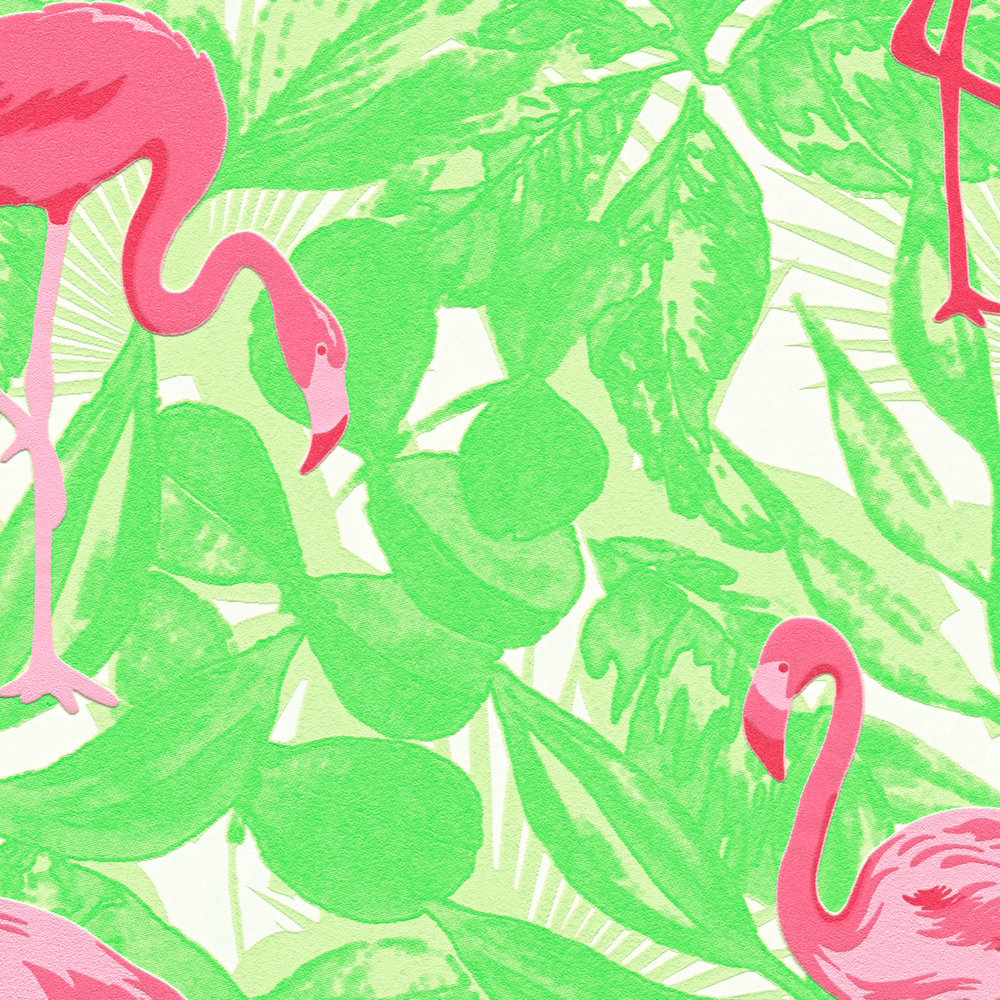             Tropische Tapete mit Flamingo & Blättern – Rosa, Grün
        
