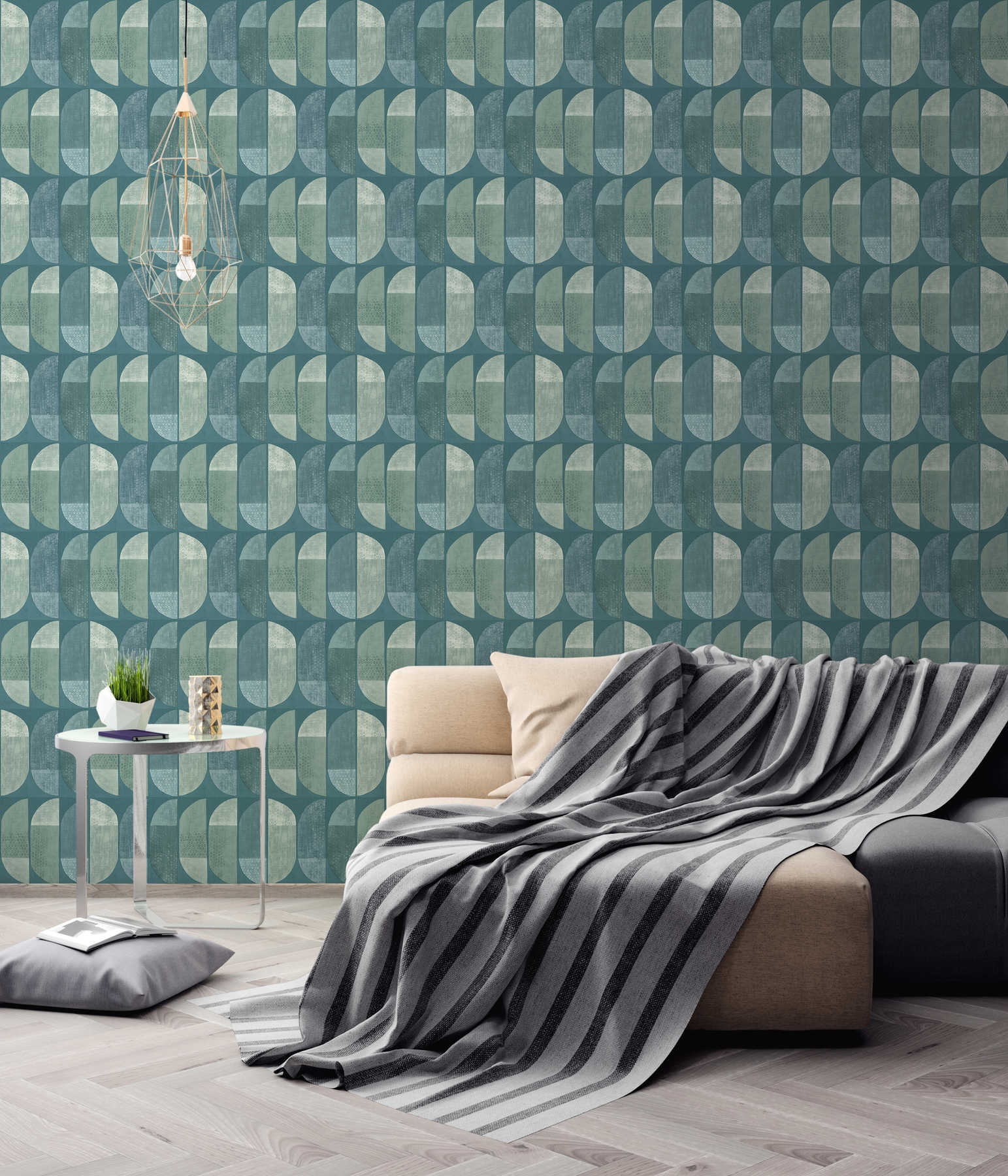             Tapete geometrisches Retro-Muster, Scandinavian Style - Blau, Grün
        