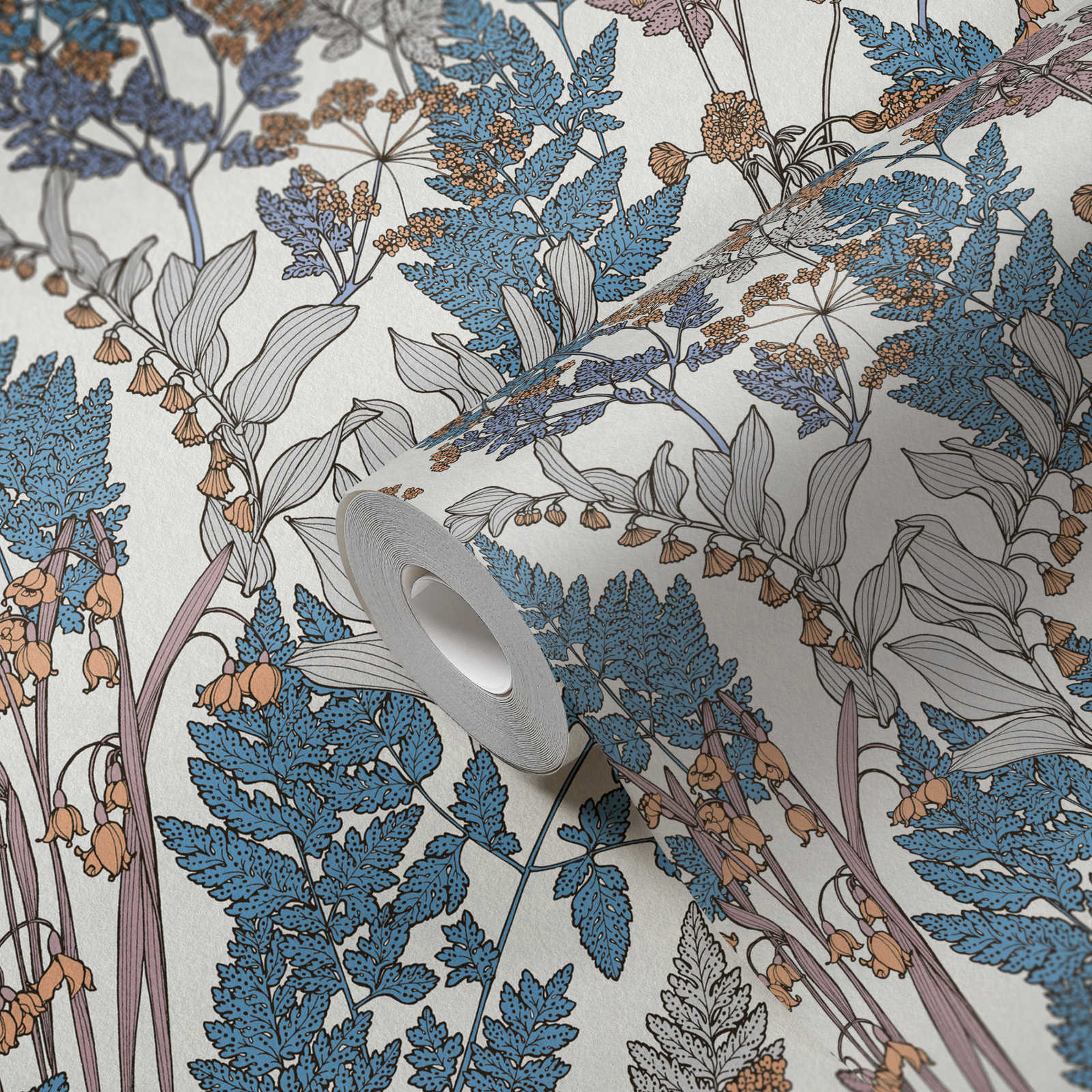             Natur Tapete Blätter & Blüten im modernen Landhaus Stil – Blau, Creme, Beige
        