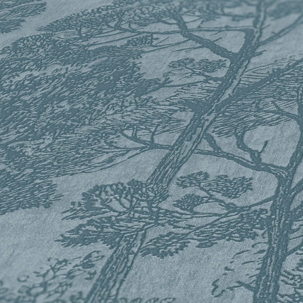             Natur Tapete Petrol mit Leinenoptik & Baum Muster – Blau
        