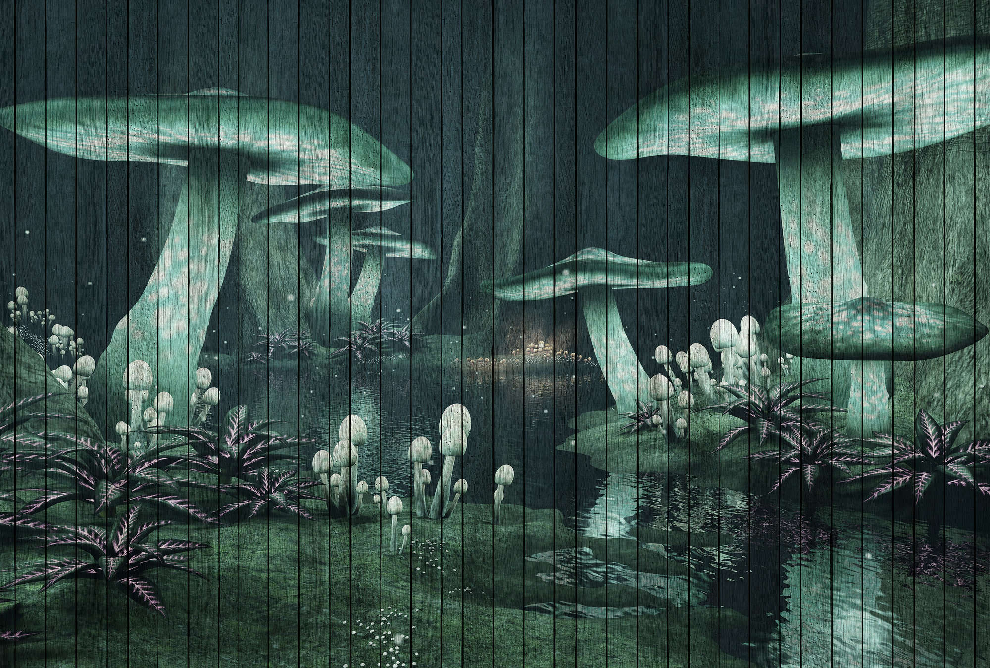            Fantasy 1 - Fototapete Zauberwald mit Holzoptik – Grün | Struktur Vlies
        