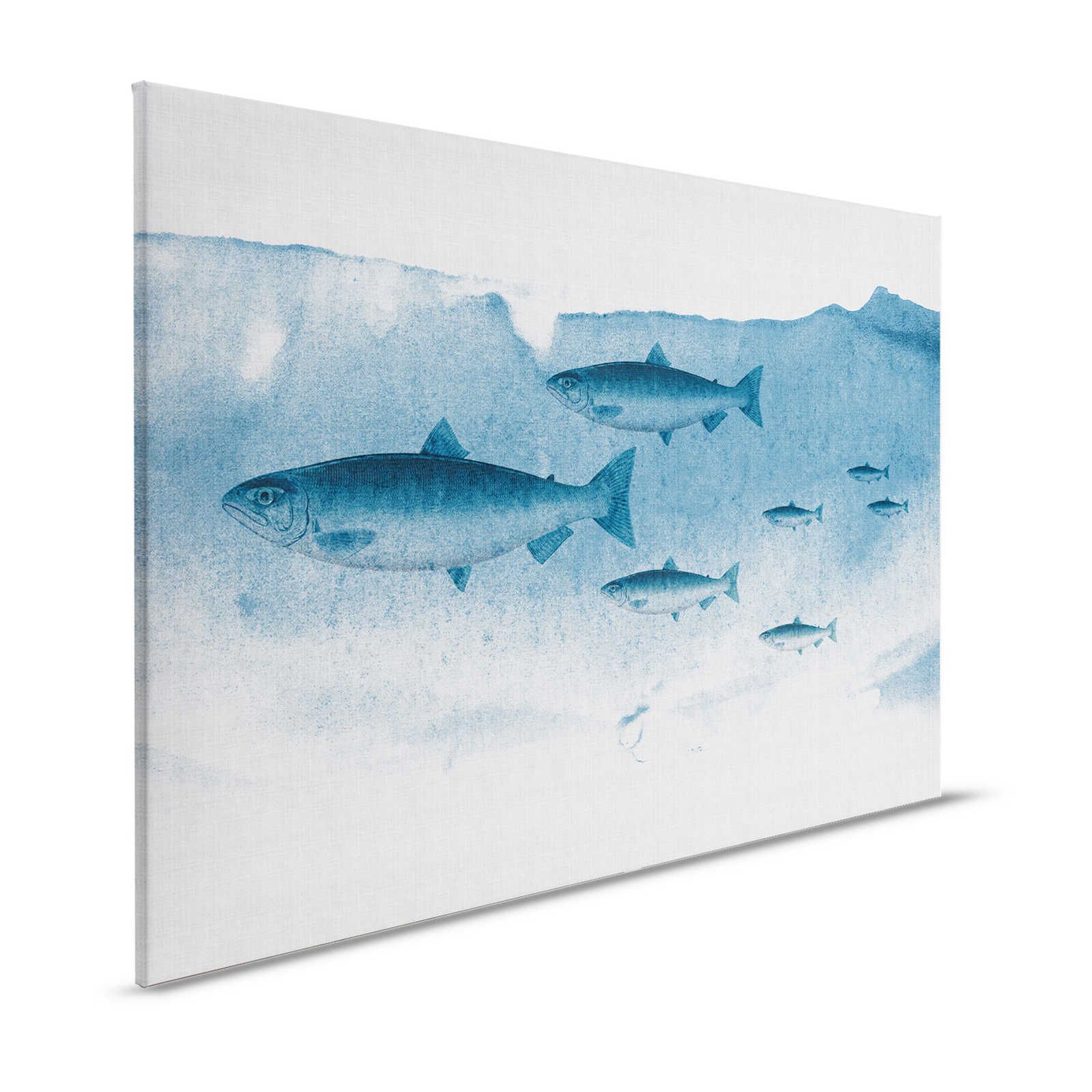Into the blue 1 - Fisch Aquarell in Blau als Leinwandbild in naturleinen Optik – 1,20 m x 0,80 m
