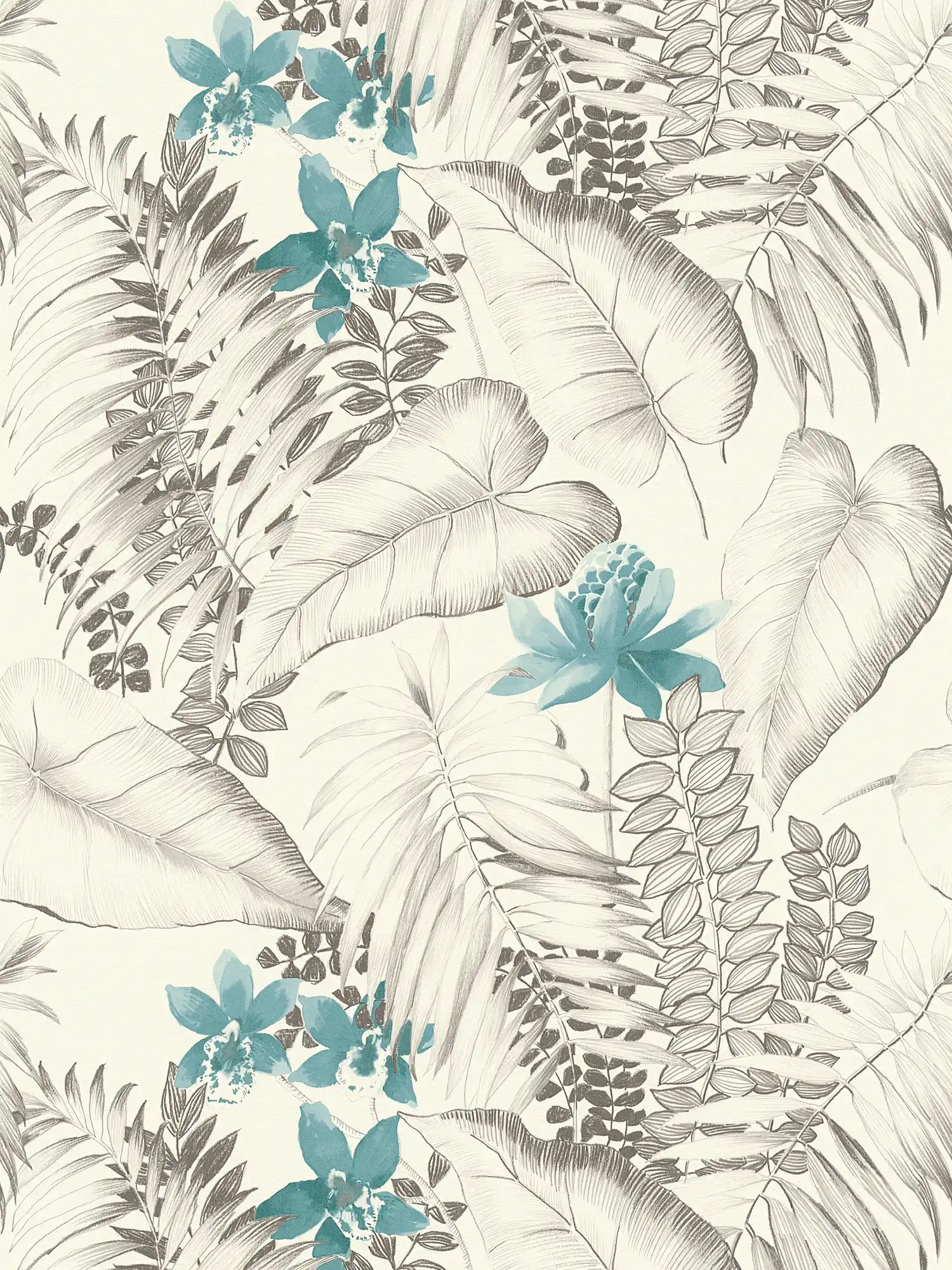         Mustertapete Blüten & exotische Vögel – Blau, Grau, Schwarz
    