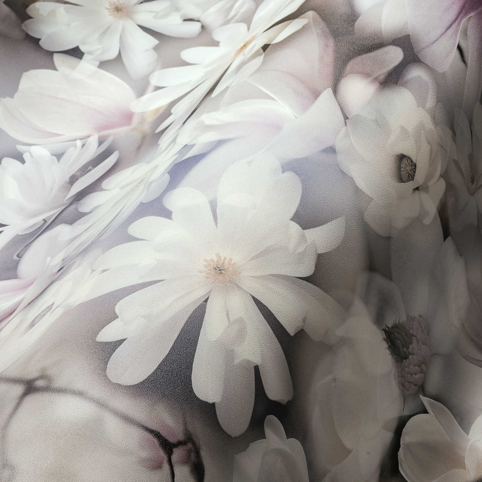             Tapete Blumen Collage in hellen Farben – Grau, Weiß
        