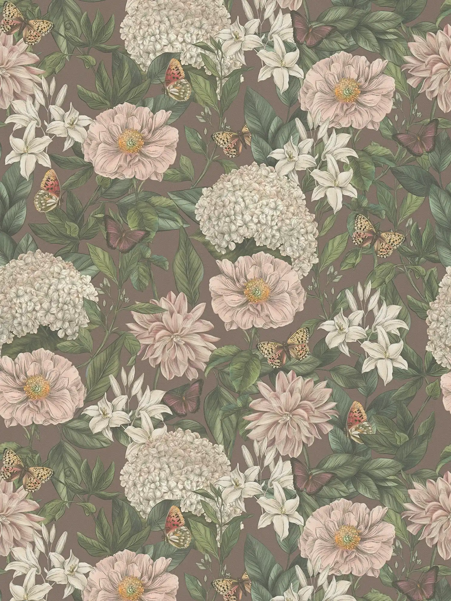 Moderne Tapete floral mit Blumen & Schmetterlingen strukturiert matt – Bordeaux, Rosa, Dunkelgrün
