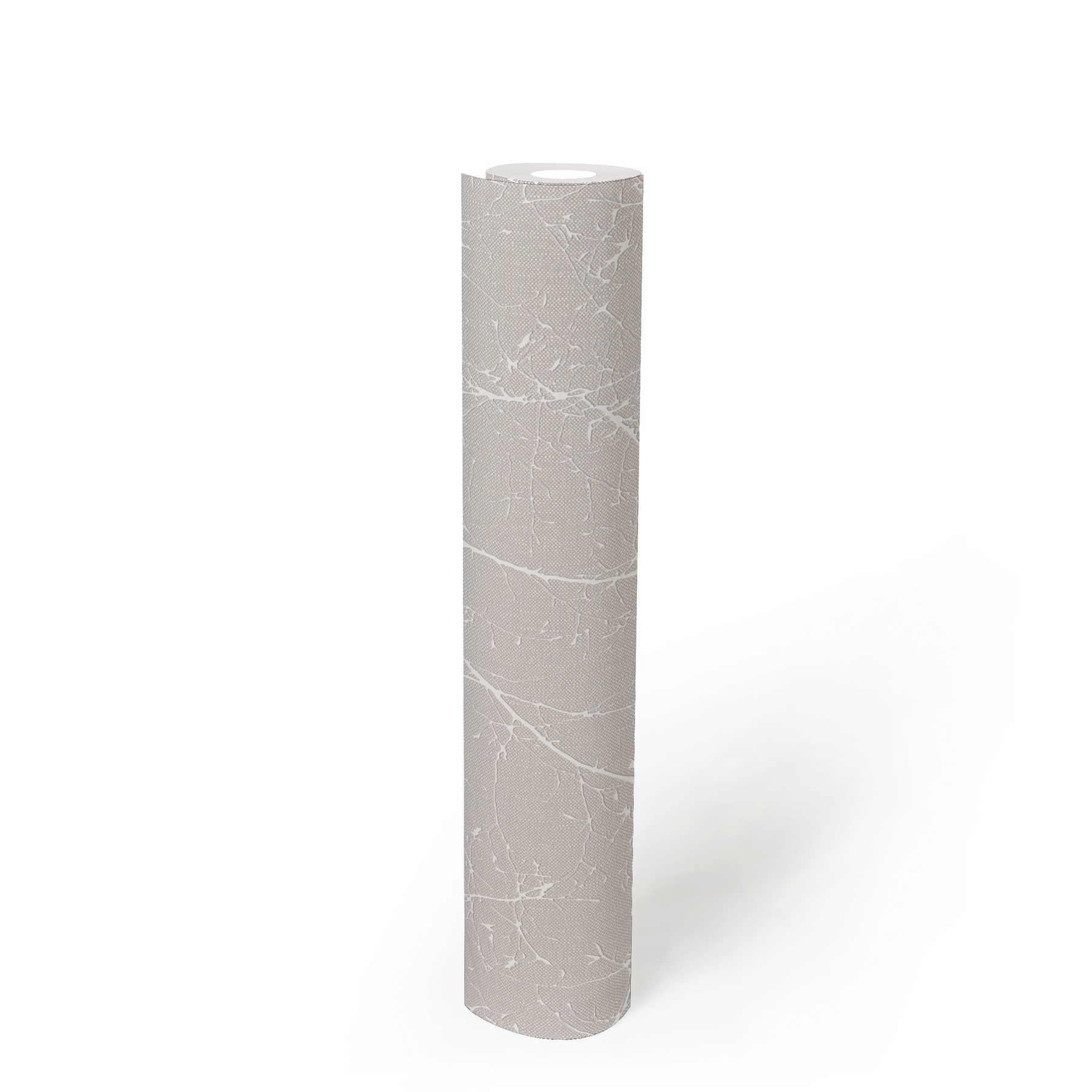             Vliestapete mit Leinenoptik Blüten und Zweigen – Grau, Weiß
        