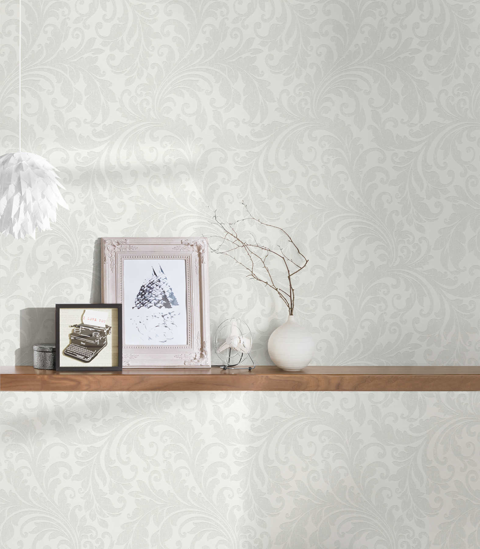             Ton-in-Ton Mustertapete florale Ornamente – Grau, Weiß
        