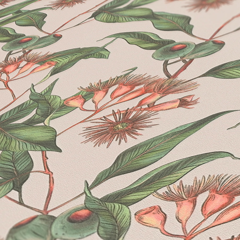             Moderne Tapete im floralen Stil mit Blättern & Blüten strukturiert matt – Beige, Grün, Rot
        