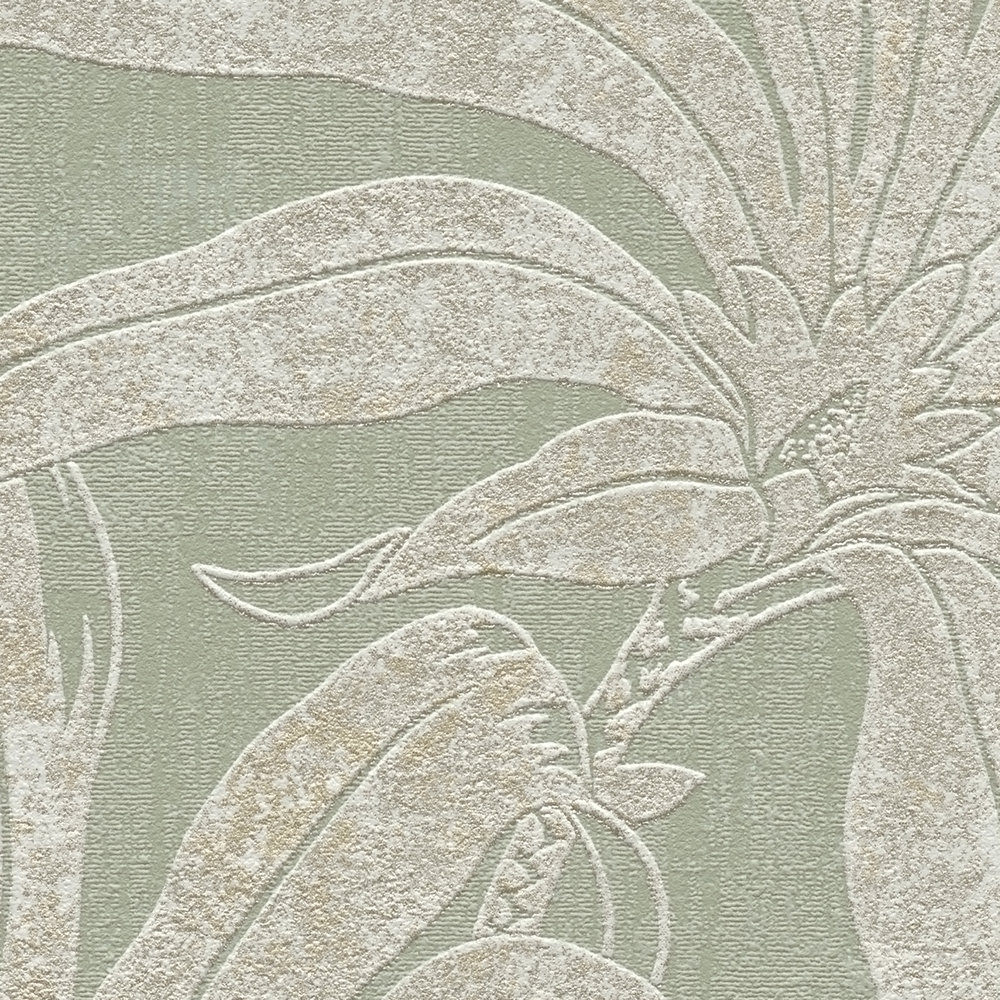             Floral detailierte Mustertapete mit Dschungelblüte – Grün, Gold, Silber
        