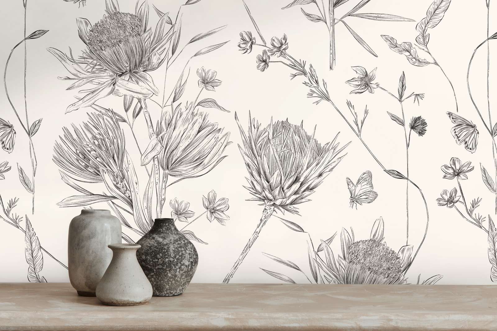            Florale Tapete mit Blättern & Schmetterlingen strukturiert matt – Weiß, Schwarz
        