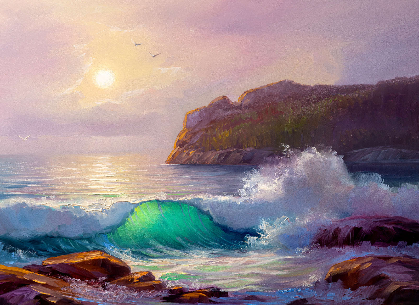             Fototapete Gemälde von einer Küste beim Sonnenaufgang – Blau, Violett, Braun
        