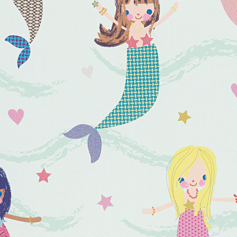             Kindertapete Meerjungfrau, fantasievolles Design – Bunt, Rosa, Grün
        