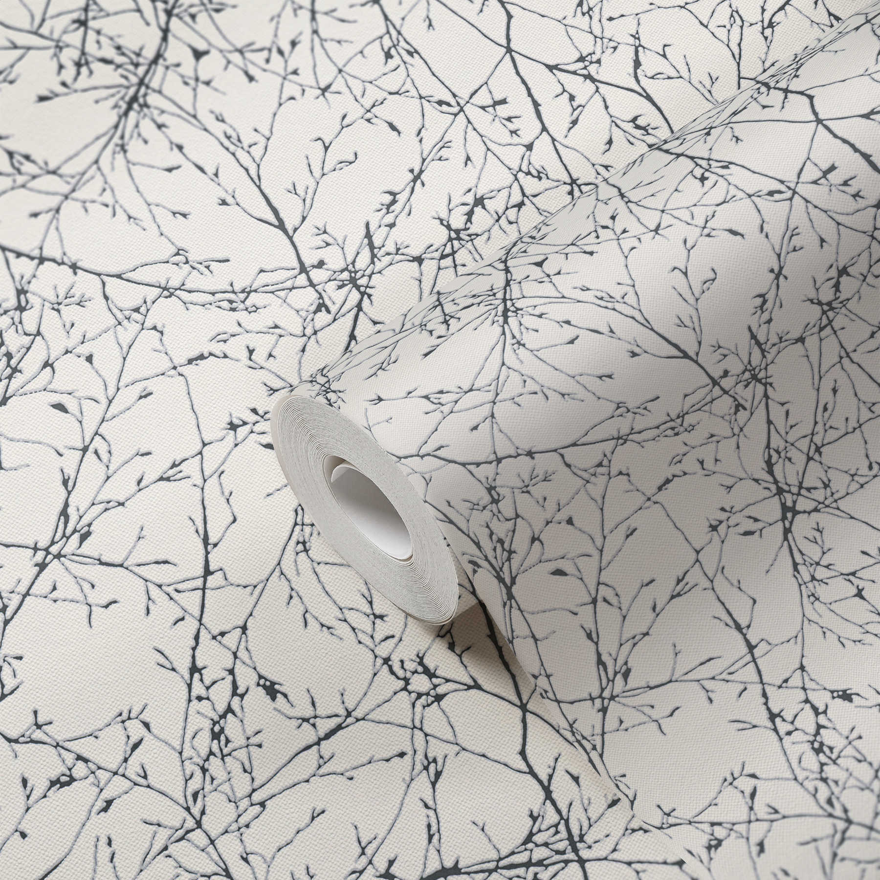            Vliestapete mit Leinenoptik Blüten und Zweigen – Schwarz, Weiß
        