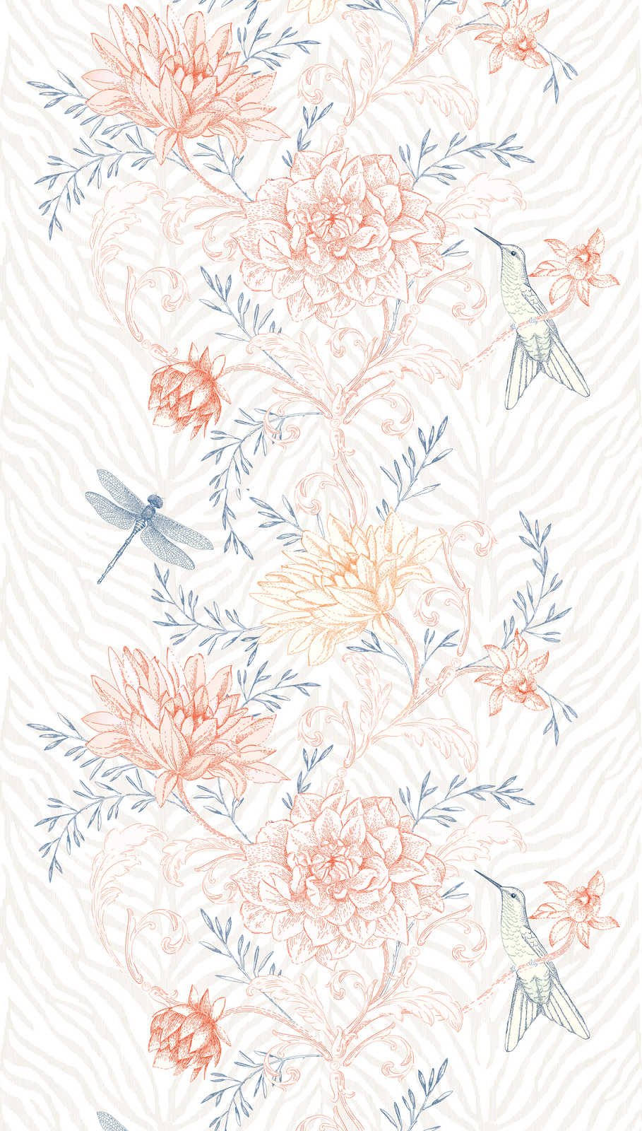             Helle Blumenranken Tapete mit Vögeln und Libellen – Bunt, Orange, Blau
        