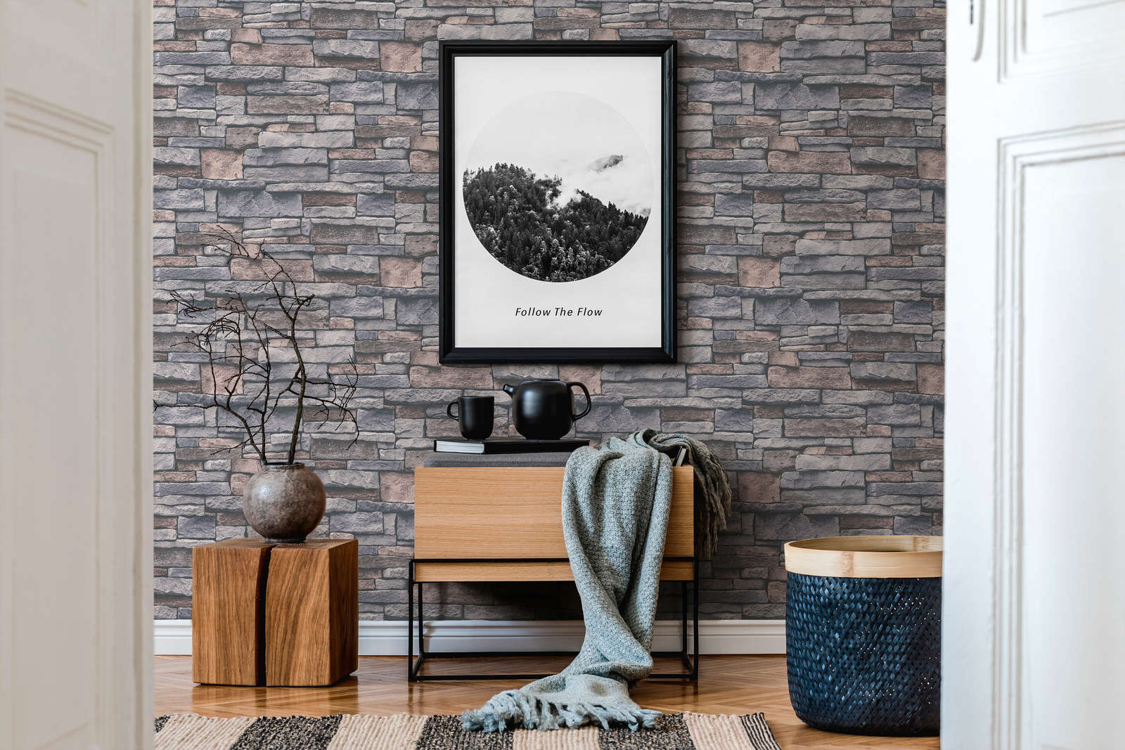             Vliestapete in Steinoptik mit Natursteinmauer – Grau, Beige, Braun
        
