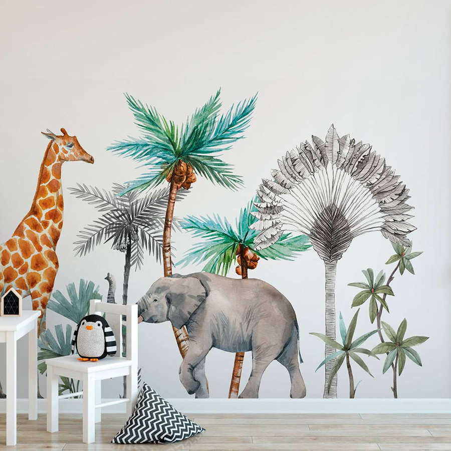 Fototapete für das Kinderzimmer mit Tieren und Bäumen – Weiß, Grün, Grau
