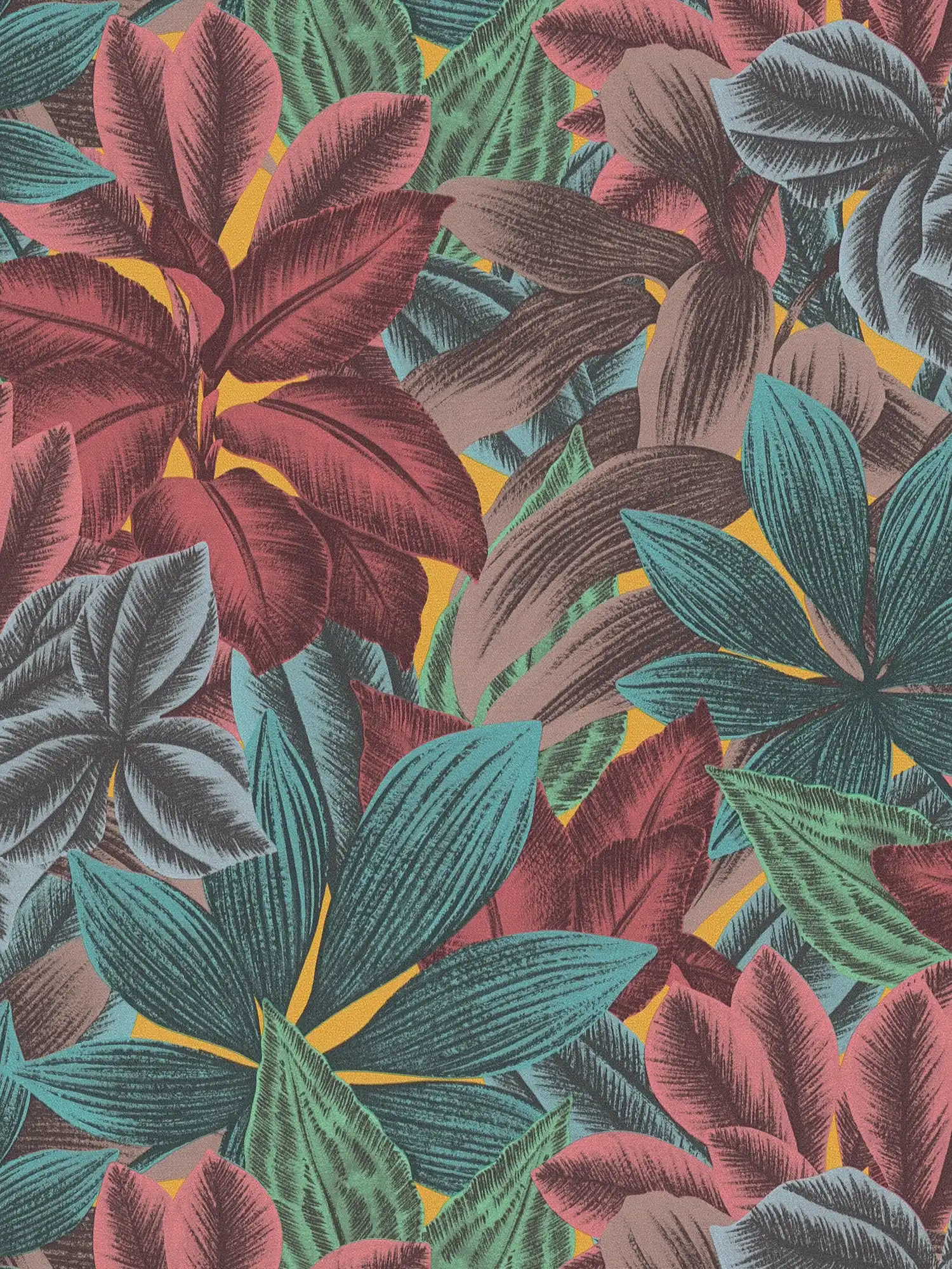 Vliestapete mit Blättermuster in bunten Farben – Bunt, Blau, Rosa
