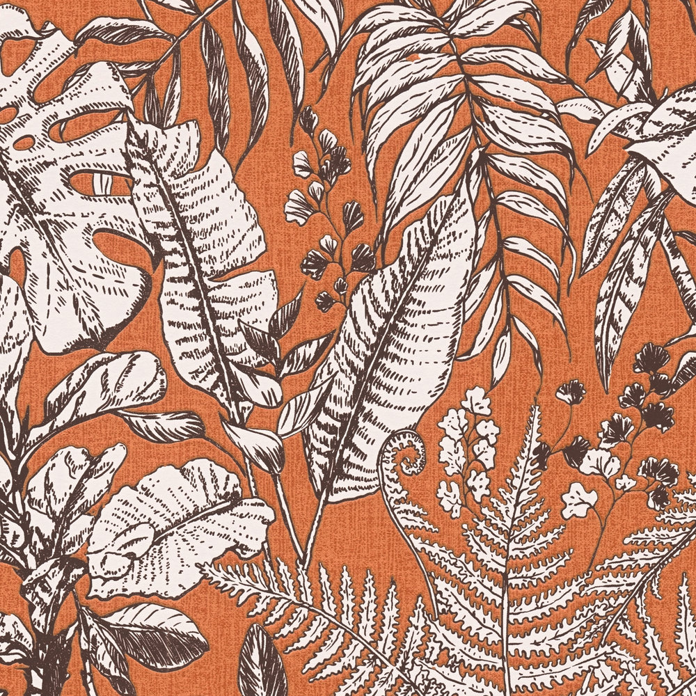             Mustertapete Dschungel Blätter, Monstera & Farne – Orange, Weiß, Braun
        