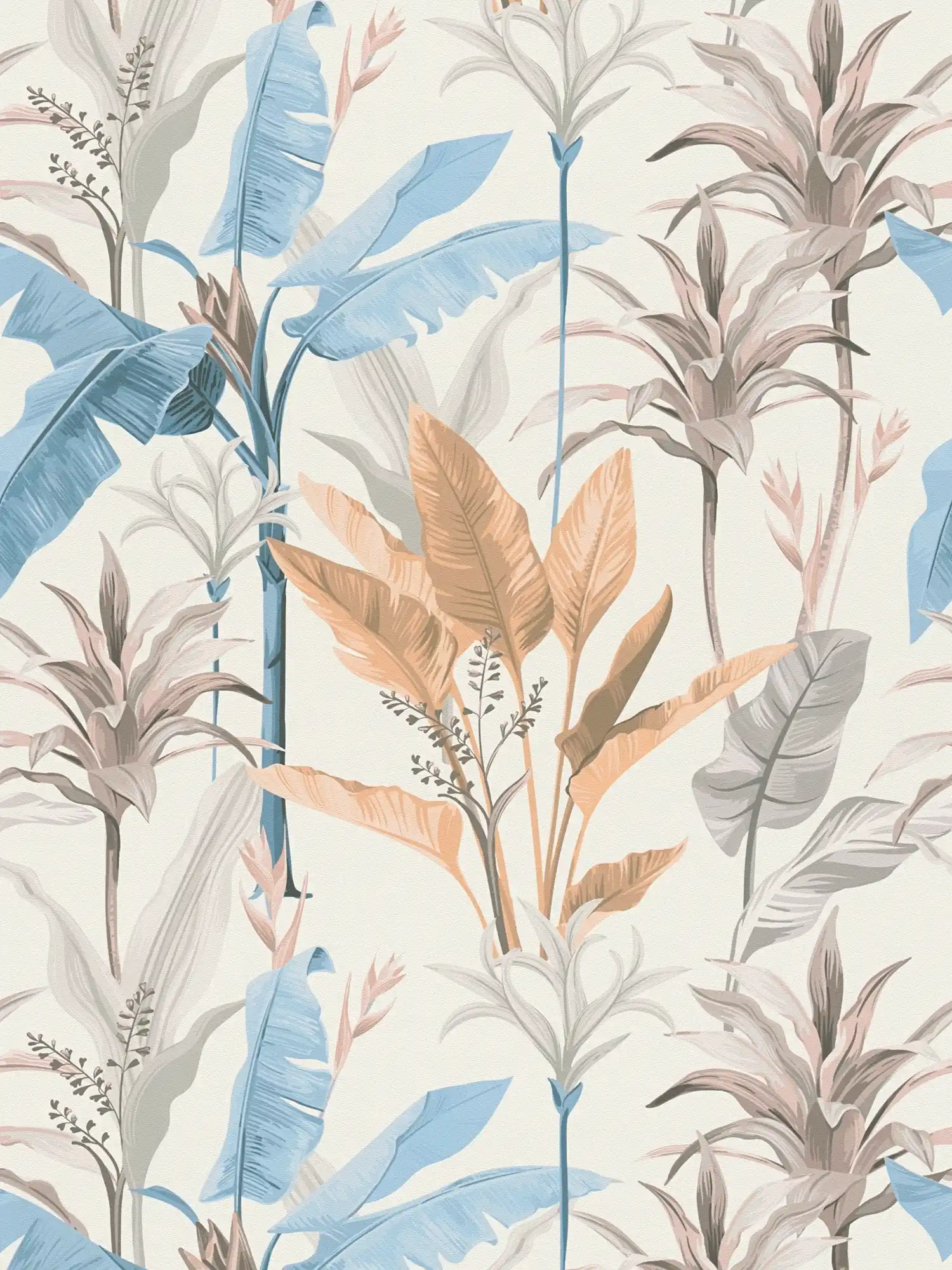         Detaillierte florale Vliestapete mit Blätter Muster - Blau, Grau, Creme
    