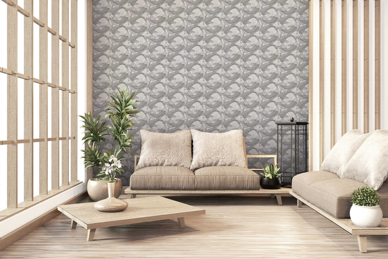             Tapete Koi-Design im Asia Style mit Metallic-Effekt – Beige, Grau, Metallic
        