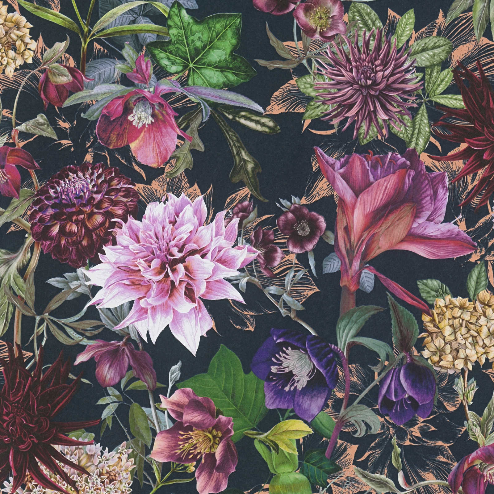 Schwarze Tapete mit bunten Blumen – Rosa, Schwarz
