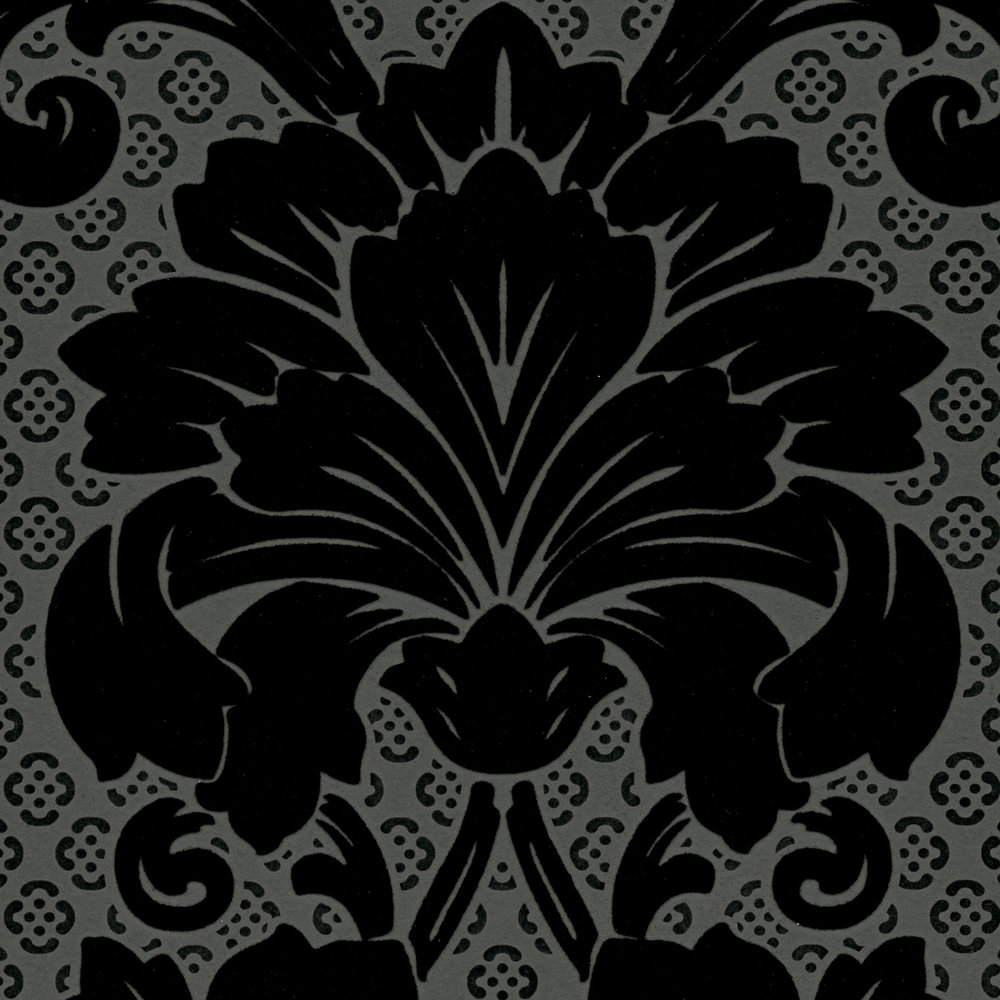             Gemusterte Ornamenttapete mit großem Floralen Motiv – Schwarz, Grau
        
