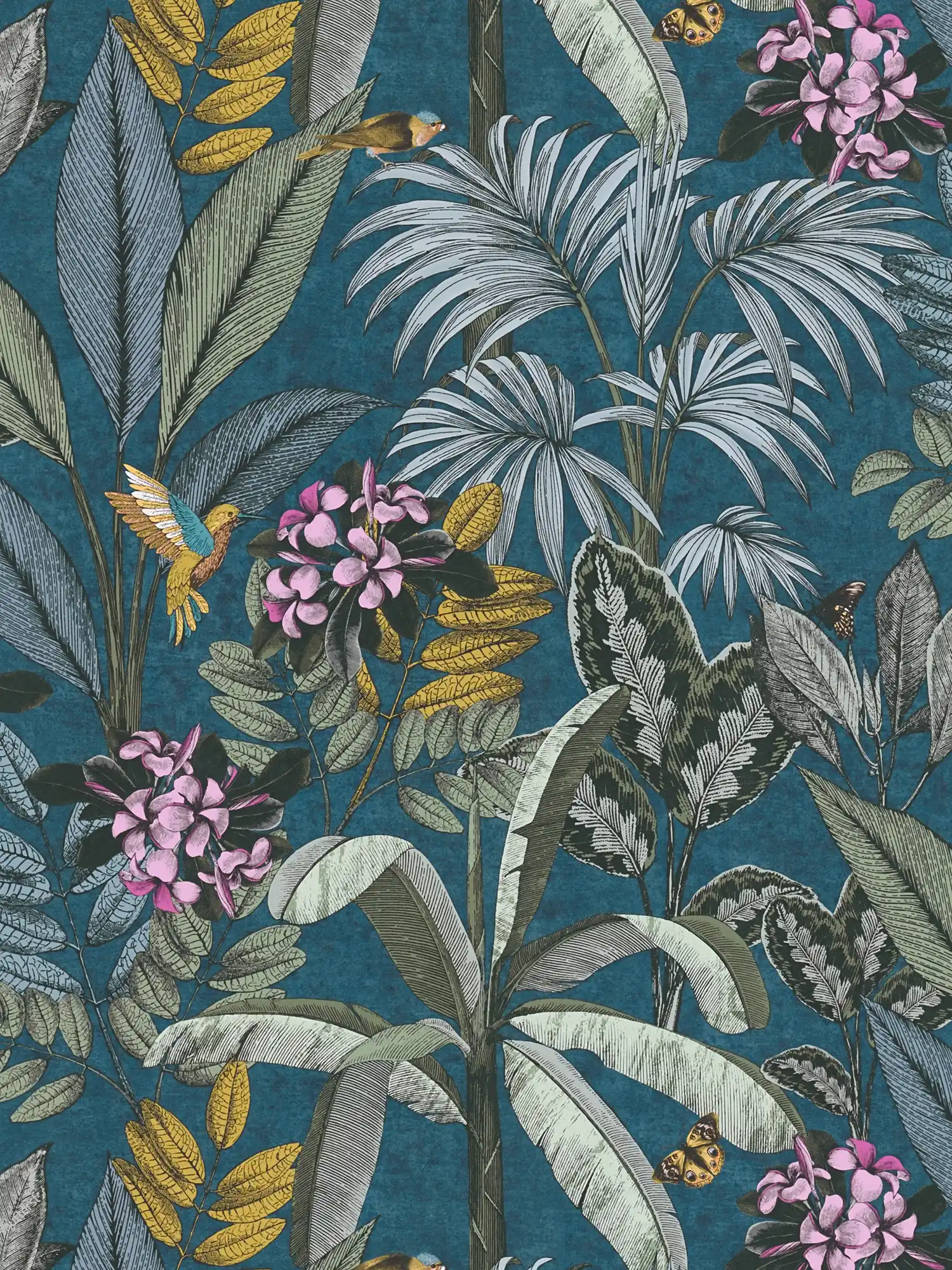 Blaue Tapete mit Dschungelmuster im Zeichenstil
