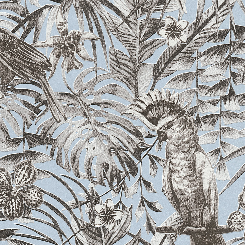             Exotische Tapete tropischen Vögel, Blüten & Blätter – Grau, Blau, Weiß
        