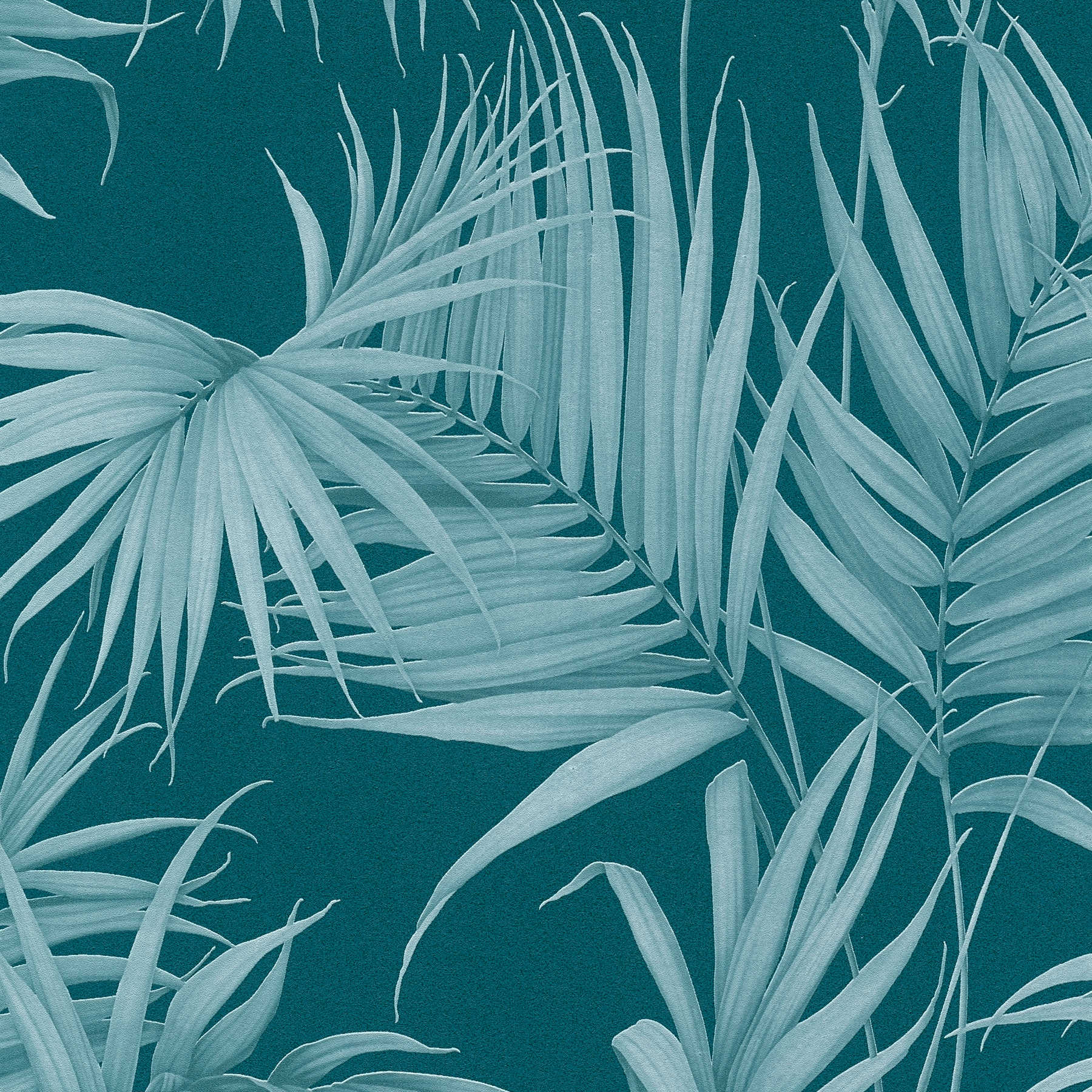 Palmblätter Tapete mit Ton-in-Ton Muster in Petrol – Blau

