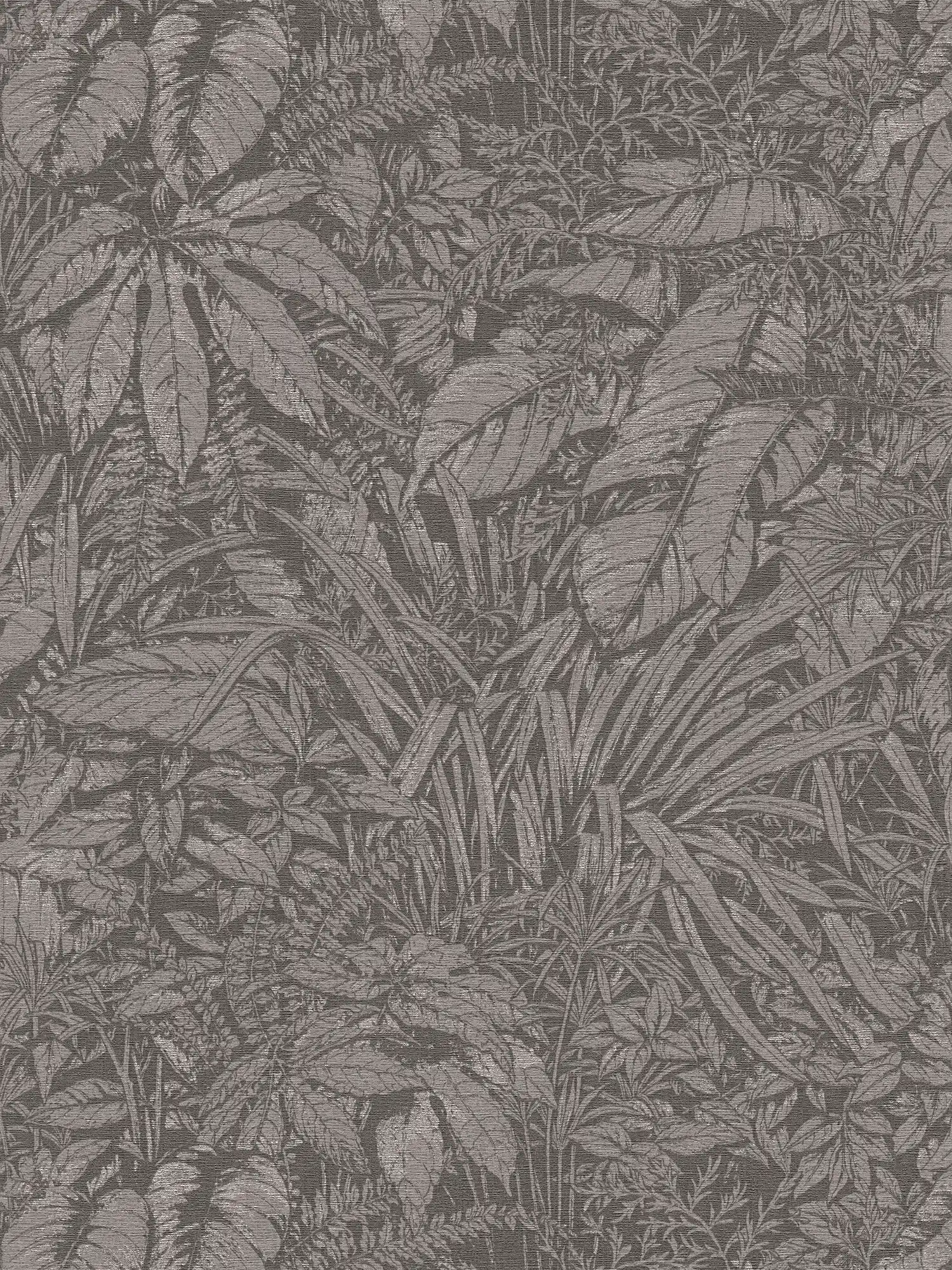 Vliestapete mit floralem Blatt Muster – Grau, Schwarz, Silber
