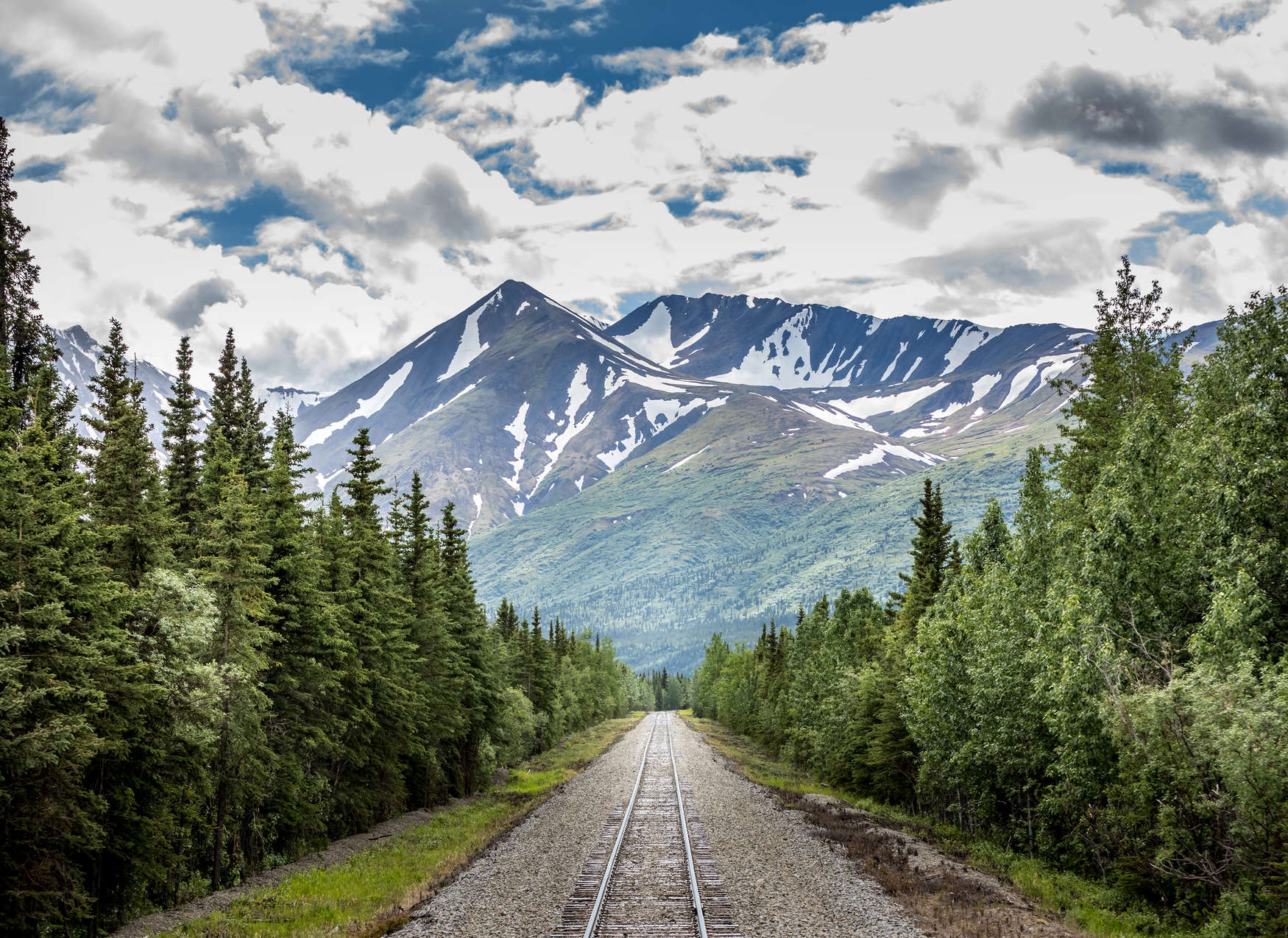             Fototapete mit Zuggleisen durch einen Wald am Gebirge – Grün, Blau, Grau
        