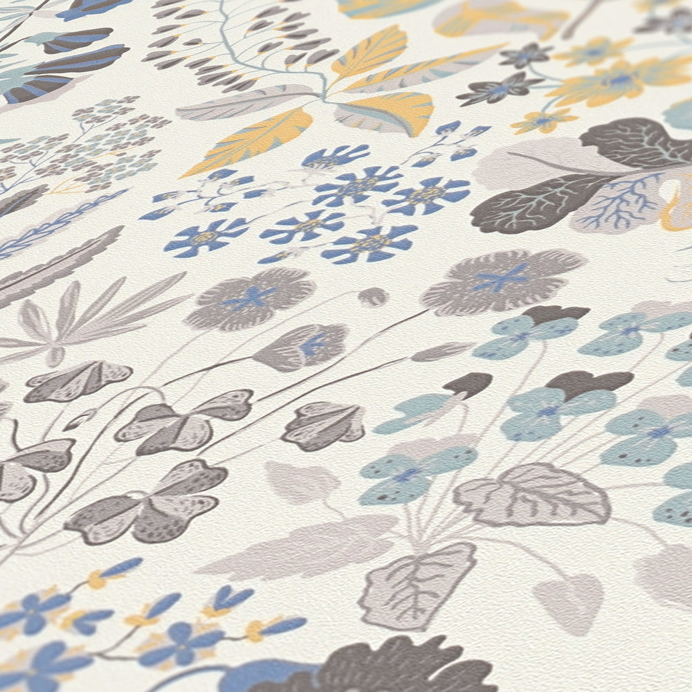             Vliestapete mit detaillierten Blumenmuster - Grau, Blau, Creme
        