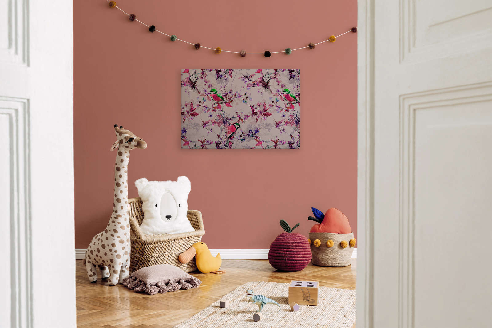            Vögel Leinwandbild im Collage Stil | rosa, blau – 0,90 m x 0,60 m
        