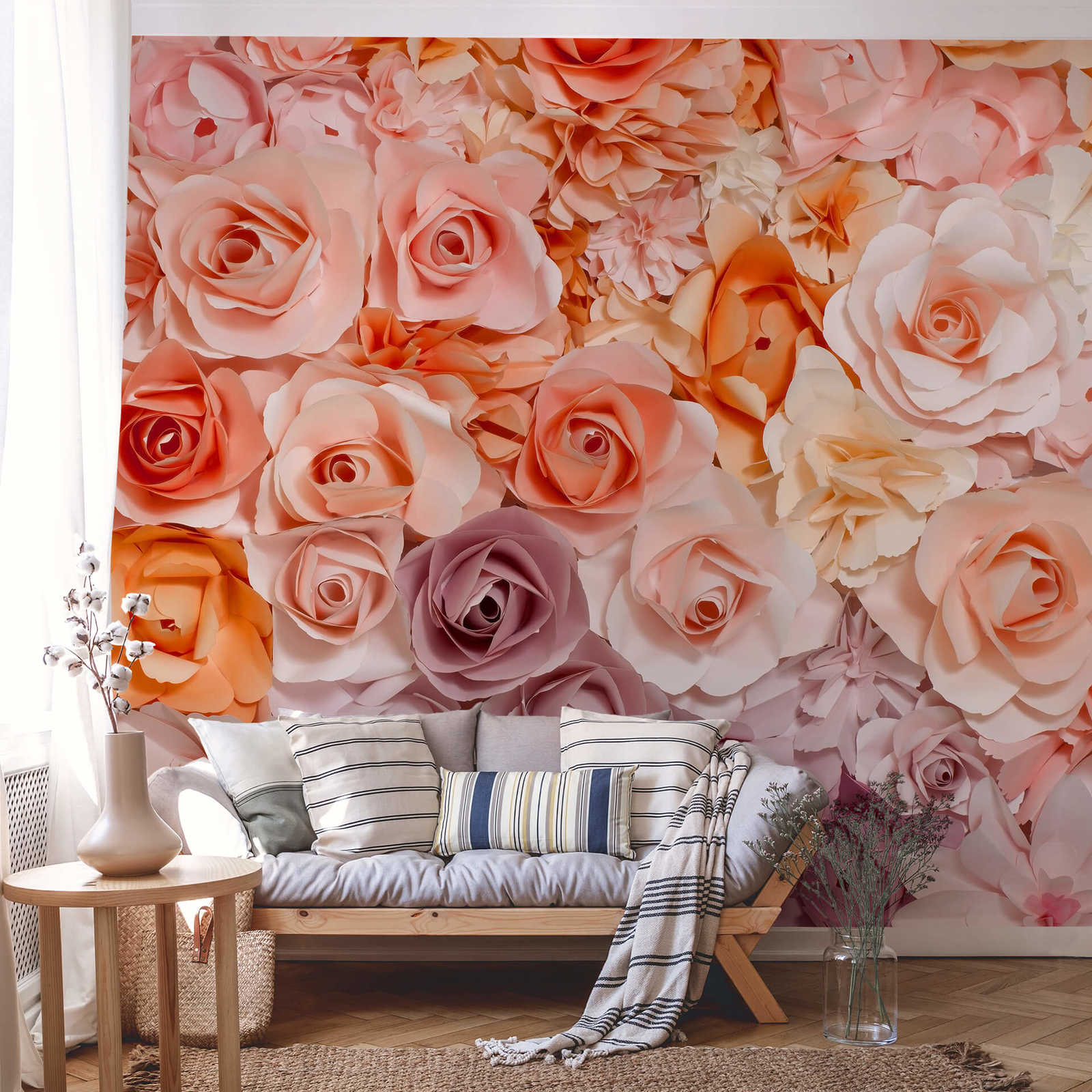             3D Fototapete mit Rosenblüten Muster – Rosa, Weiß
        