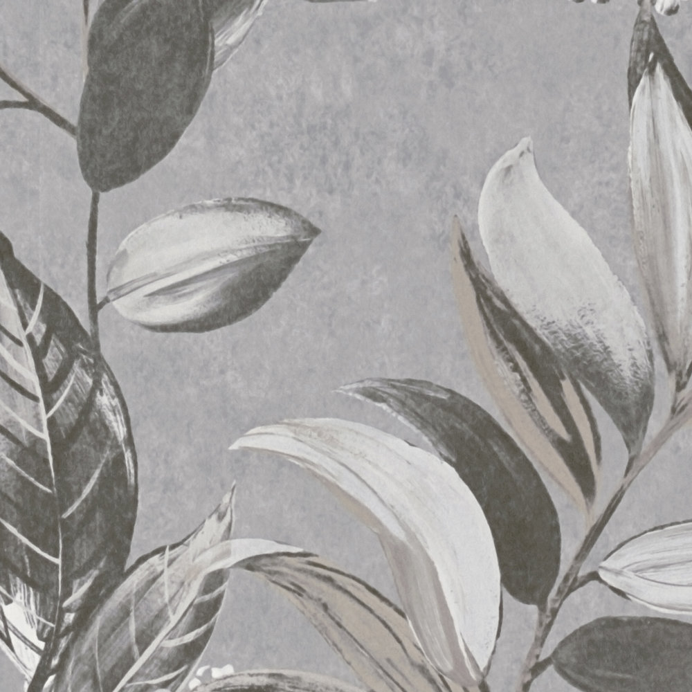             Vliestapete mit floralem Muster – Grau, Weiß, Schwarz
        